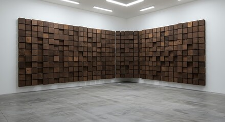 Empty square room with Wooden squares blocks on wall