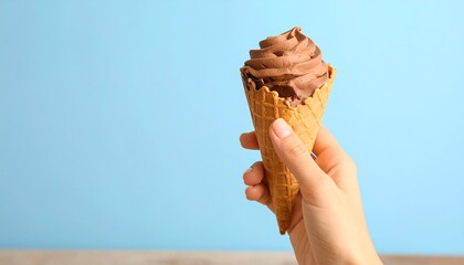 A hand delicately holds a waffle cone filled with swirled chocolate soft serve against a light blue background. The cone is crisp, and the ice cream appears smooth