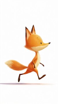 A cute, digital cartoon fox with a small body, big ears, and a fluffy tail, runs on a white background