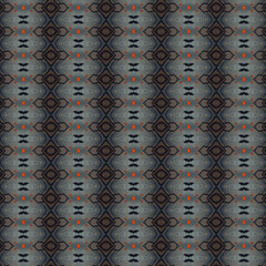 Symmetrical geometric pattern with grey, black, and orange elements, ideal for digital design, wallpaper, and fabric prints.