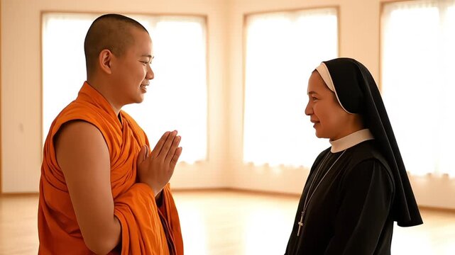 Buddhist monk greets Catholic nun in a sign of peace and interfaith dialogue