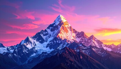 Majestic snow-capped mountain peaks pierce a vibrant sky at sunset, creating a picturesque landscape.