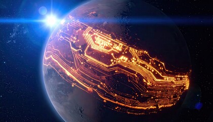 Digital illuminated circuitry pattern overlays the surface of a celestial body, resembling a planet in space with a bright blue flare emanating from the sun, indicating futuristic technology.