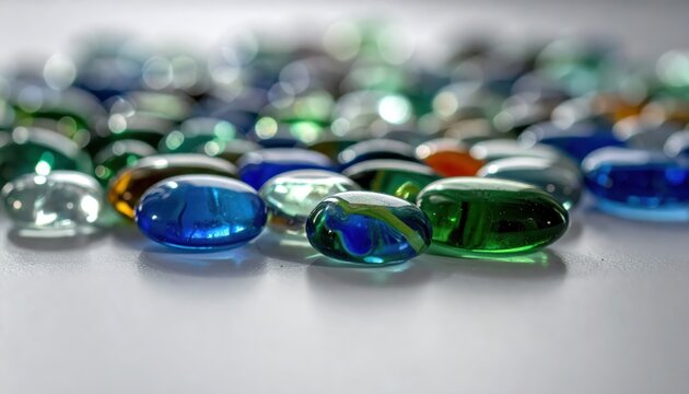 Numerous smooth, colorful glass stones are scattered across a bright white surface, showcasing a vibrant mix of blues, greens, and a hint of orange, creating a visually appealing and artistic macro... - Powered by Adobe