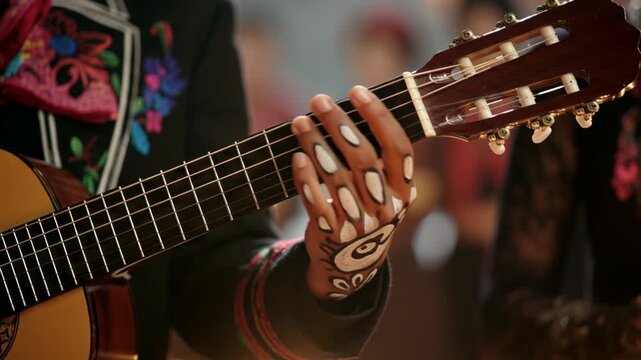 Day Of The Dead, Closeup of Musician Playing Guitar with Traditional Hand Designs and Intricate Tattoos Festive