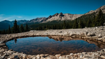 Crystal clear mountain lake reflecting rocky peaks and evergreen forest under vibrant blue sky, capturing pristine wilderness beauty, peaceful nature landscape, and ideal travel or background scenery