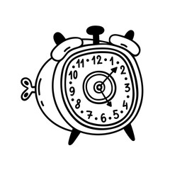 Ringing alarm clock vector illustration. Vintage mechanical clock with a round dial, bells, winding key. Classic watch for morning wake up calls. Symbol of deadlines, reminder. Black and white doodle