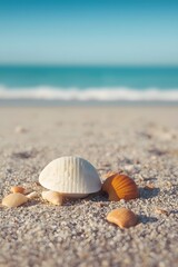Obraz premium Tranquil seashore with seashells on smooth golden sand under clear blue sky and calm ocean waves, creating a peaceful summer atmosphere perfect for relaxation, travel, and natural background imagery