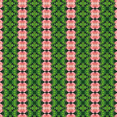 Geometric floral pattern with pink flowers and lush green leaves, ideal for nature-inspired textiles, wallpaper, and prints.