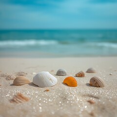 Tranquil seashore with seashells on smooth golden sand under clear blue sky and calm ocean waves, creating a peaceful summer atmosphere perfect for relaxation, travel, and natural background imagery
