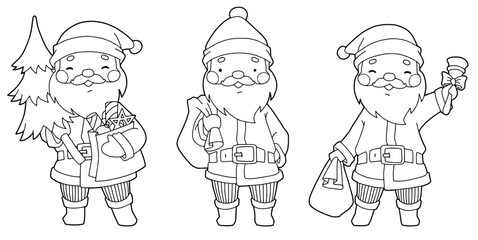 Vector illustration of a Santa Claus character in three different poses, suitable for coloring activities