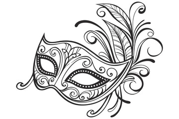 Intricate Venetian Masquerade Mask Line Art. Elegant Ornamental Design for Coloring and Decoration.