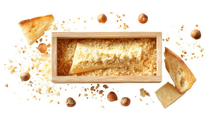 Delicious pastry with nuts and crumbs in a wooden box isolated on transparent background
