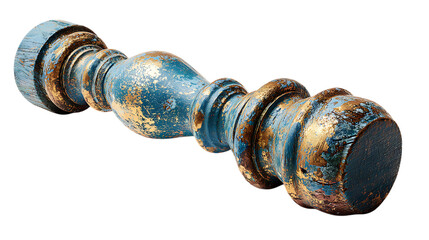 Distressed blue and gold wooden spindle isolated on transparent background
