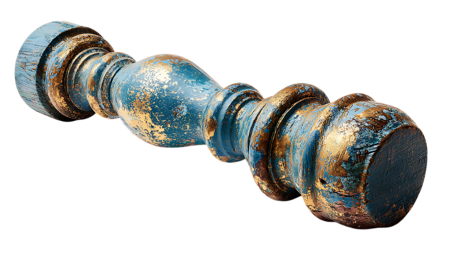 Distressed blue and gold wooden spindle isolated on transparent background