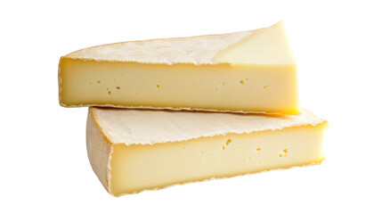 Two wedges of aged cheese stacked on top of each other isolated on transparent background