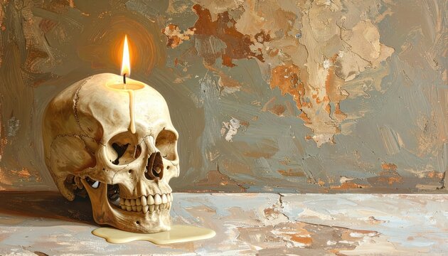 Glowing candle flame atop a human skull, casting warm light and creating dripping wax, contrasted against a textured, aged wall, evoking themes of mortality and darkness.