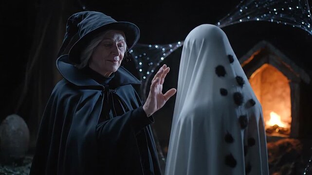 Halloween Witch and Ghost Costume Scene in Dark Setting.