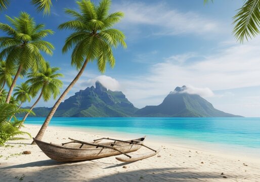 Tropical island paradise with outrigger canoe isolated on white background