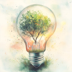 light bulb with tree, Eco Light Bulb Concept, Eco Light Idea, Green Energy Concept, Nature in Bulb, Sustainable Innovation, Tree Inside Light Bulb