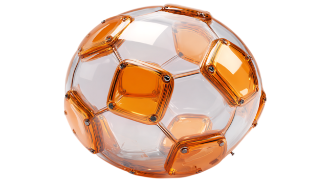 A transparent soccer ball with orange patches isolated on transparent background