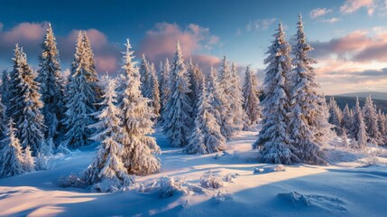 Frosty dreams: the vibrant winter landscapes of the carpathian mountains. Blockbuster art. Icy morning in the carpathians: sunrise hues on snow-dusted firs. Drama poster. Action poster.