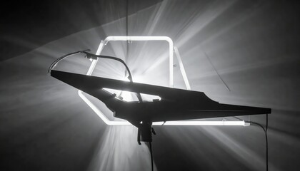 Stark black silhouette of a form with a rounded top and angular extension is illuminated from behind by bright white light emanating from a geometric light fixture creating a dramatic contrast.