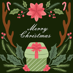 Cute Pink and Green Christmas Greeting Card Design with Gifts and Holiday Decorations