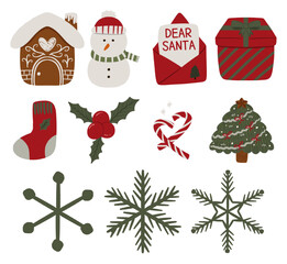 Cute Christmas Elements Vector with Snowman, Gingerbread House, Gifts, and Santa Mail