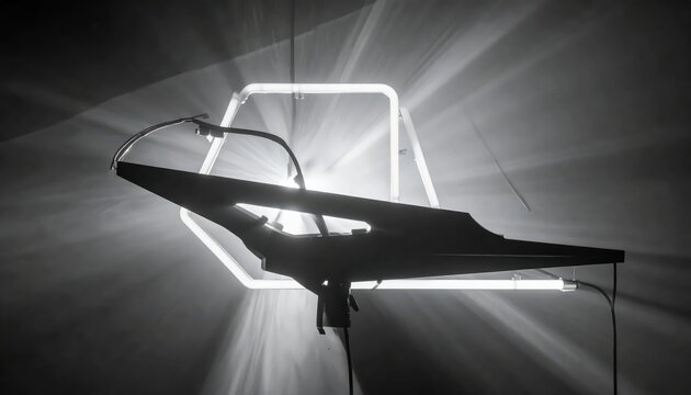 Stark black silhouette of a form with a rounded top and angular extension is illuminated from behind by bright white light emanating from a geometric light fixture creating a dramatic contrast.