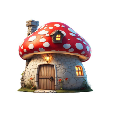 A whimsical mushroom house stands, exuding a fairytale charm, ready to infuse any project with a touch of enchantment and imagination, isolated on white background