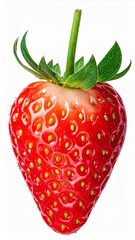 Close Up of a Fresh Red Strawberry with Green Stem on White Background