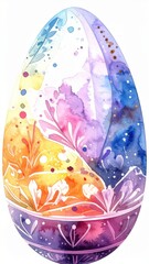 Watercolor Easter Egg with Floral Pattern in Warm and Cool Colors on White Background