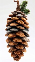 Detailed Crocheted Pinecone Ornament with Green Twig on White Background
