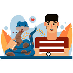 Friendly Cartoon Man And Blue Snake With Orange Leaves On A Transparent Background Showing Affection With A Red Heart Above Them