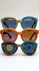 Three Pairs of Sunglasses with Colorful Braided Frames Stacked on White Surface