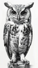 Detailed Black and White Illustration of a Standing Horned Owl