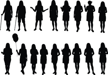 Female silhouettes collection — woman poses standing, walking, holding balloon or cane vector art for design, fashion, and illustration © Shuvo creative