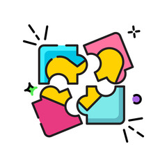 Four Colorful Puzzle Pieces Connecting Together With Sparkle Effects On Transparent Background Symbolizing Teamwork And Solution Finding