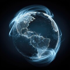 Digital earth globe with energy fields on dark background