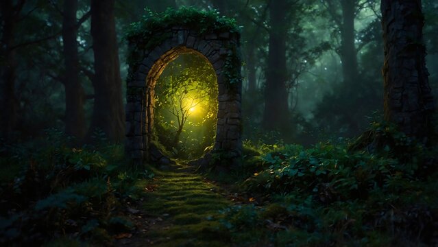 Enchanted Gateway leading into a Mysterious Forest. A stone archway surrounded by lush forest foliage, inviting exploration