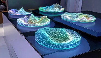 Intriguing display showcasing multiple glowing, layered sculptures resembling abstract mountain ranges, exhibiting a range of colors and artistic illumination creating a captivating and visually...