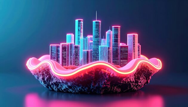 Futuristic cityscape featuring illuminated skyscrapers resting inside a stylized shell, illuminated by vibrant neon lights.