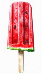 Watermelon Popsicle with Seeds on a Wooden Stick Against White Background