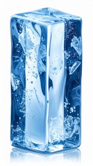 Translucent Blue Rectangular Ice Block on White Background with Reflections