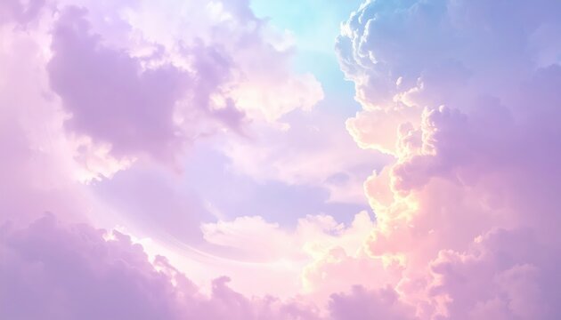 Majestic fluffy clouds bathed in soft hues of pink, lavender, and blue fill the frame, creating a dreamy and ethereal atmosphere. - Powered by Adobe