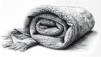 Monochrome Illustration of Rolled Woven Blanket with Fringe on White Surface