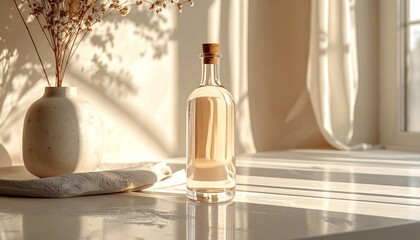 Clear Glass Bottle with Cork Stopper on White Surface in Soft Sunlight