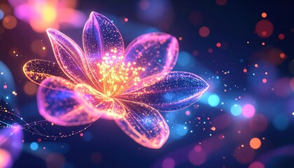 Illuminated flower illustration with a radiant glow, showcasing vibrant pink, orange, and blue hues against a dark background, creating a dreamy and enchanting aesthetic with a blurred bokeh effect...