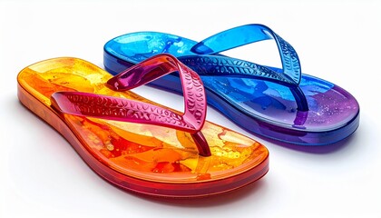 Pair of Translucent Orange and Blue Flip Flops on a White Background